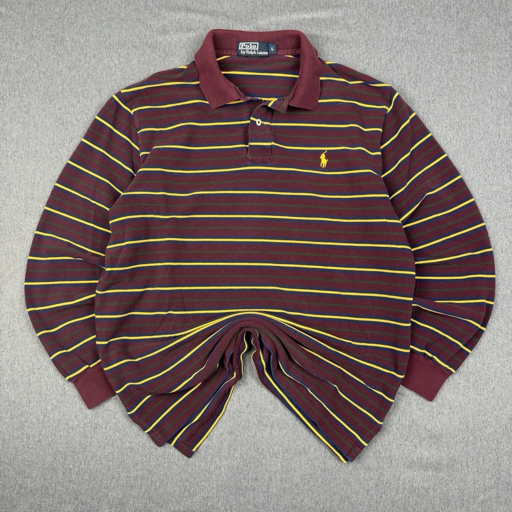 Polo By Ralph Lauren PRL Mens L Striped Long Sleeve Polo Red Yellow VTG Y2K